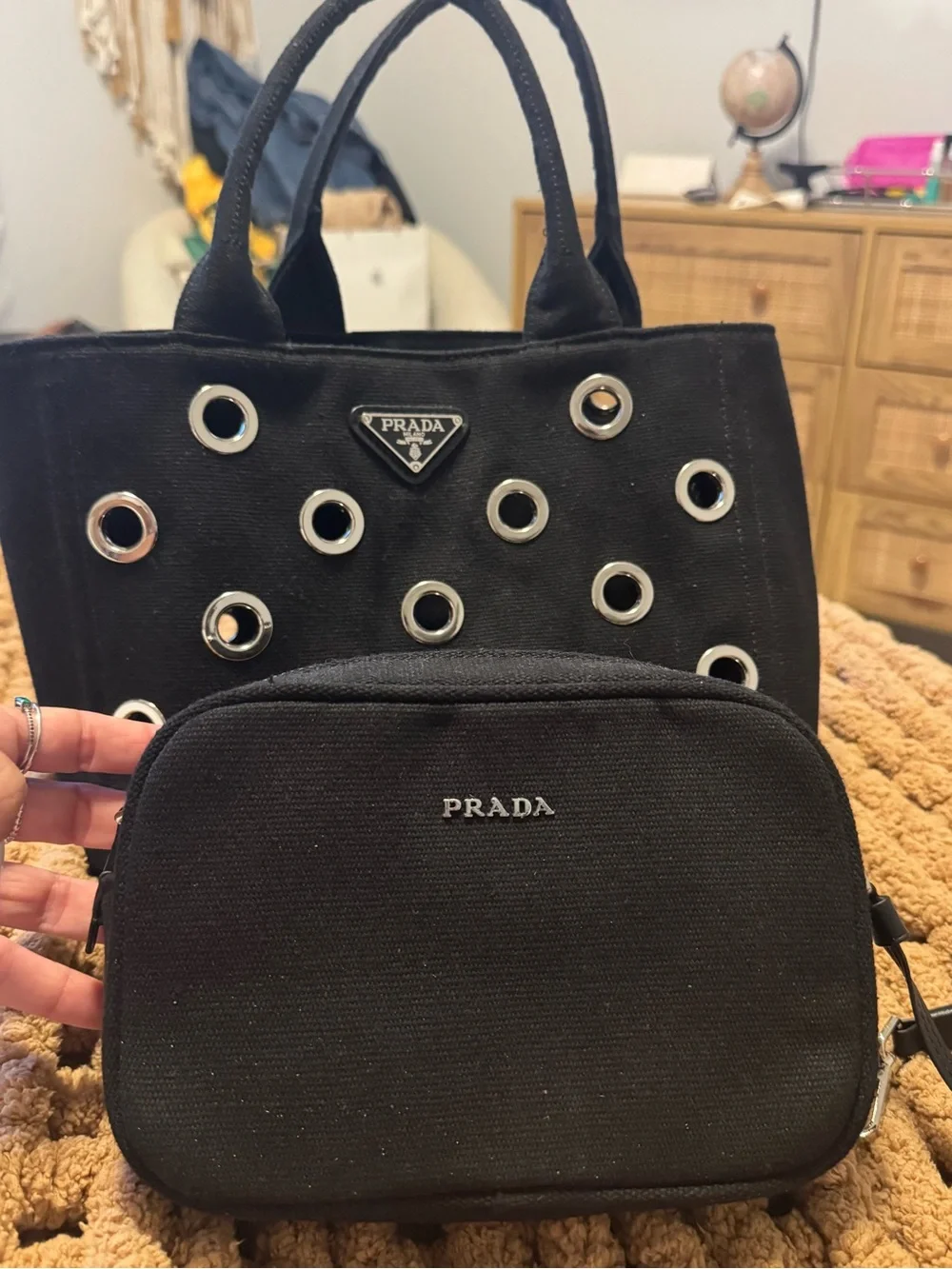 Black Canvas Tote with Silver Grommet Accents